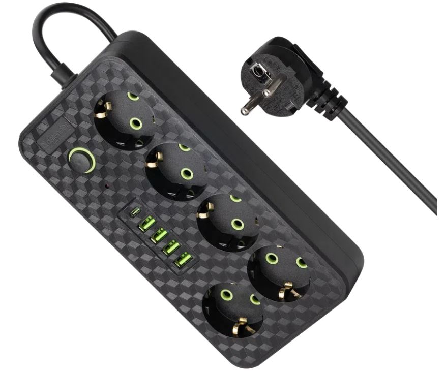Удлинитель Defender без заземления R218 3 м, 5 розеток, 4xUSB, 1xType-C, черный