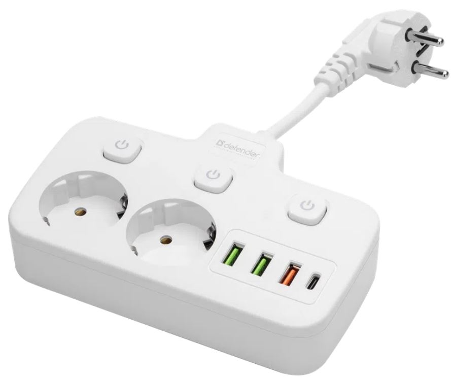 Удлинитель Defender без заземления R240 0.2м, 2 розетки, 3xUSB, 1xType-C, белый