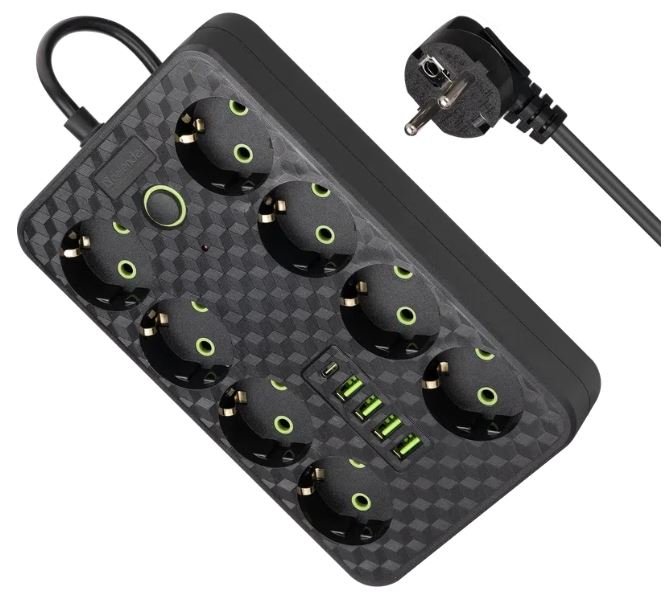Удлинитель Defender без заземления R215 3 м, 8 розеток, 4xUSB, черный