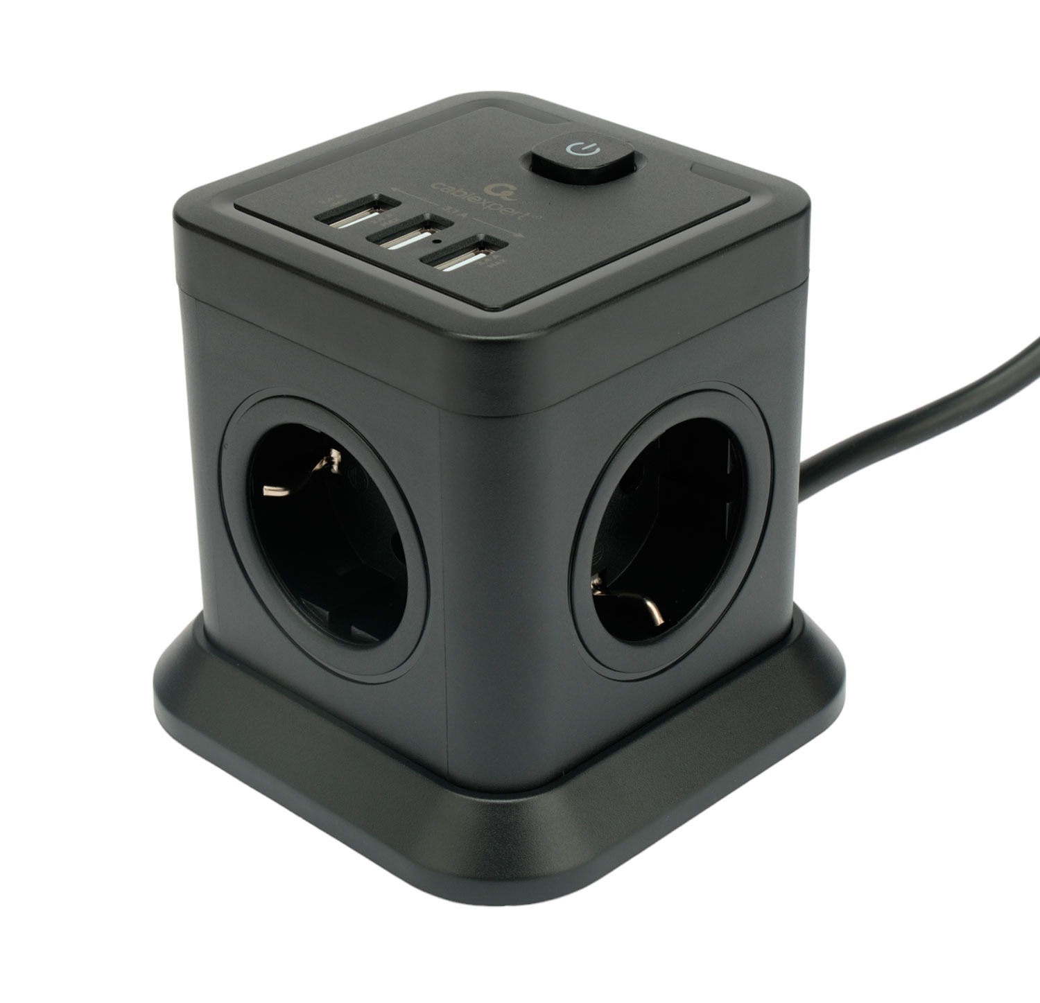 Сетевой фильтр Cablexpert Tower, TWR-4-U3-B-3, 4р, 10А, 3xUSB, 3.1А, 3м, ур.защ. 2+, коробка черный