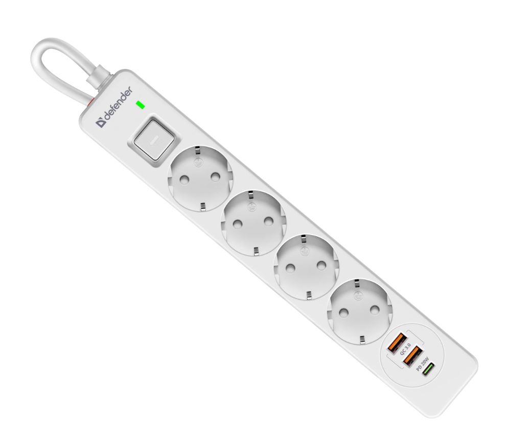 Сетевой фильтр Defender DFS 141 - 1,5 М, 4 розеток, 2xUSB, 1xType-C, белый